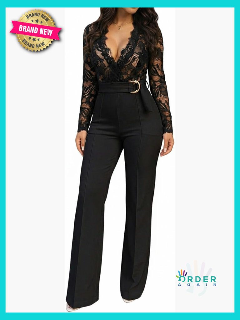 Floral Lace Jumpsuit Deep V-Neck Long Sleeve Belted Side Pockets Casual Chic